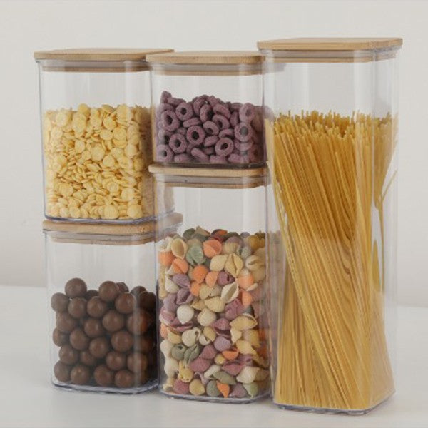 Cutii de Depozitare Alimente, Vivimall, Set din 5 Cutii de tip Container, Cutii pentru Cereale, din Plastic, Capac din Bambuc, 1pc 0.5 l. 2pc 0.8 l, 2pc 1.2 l, 1pc 1.9 l, Transparente - vivimall.ro
