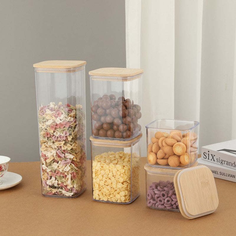 Cutii de Depozitare Alimente, Vivimall, Set din 5 Cutii de tip Container, Cutii pentru Cereale, din Plastic, Capac din Bambuc, 1pc 0.5 l. 2pc 0.8 l, 2pc 1.2 l, 1pc 1.9 l, Transparente - vivimall.ro