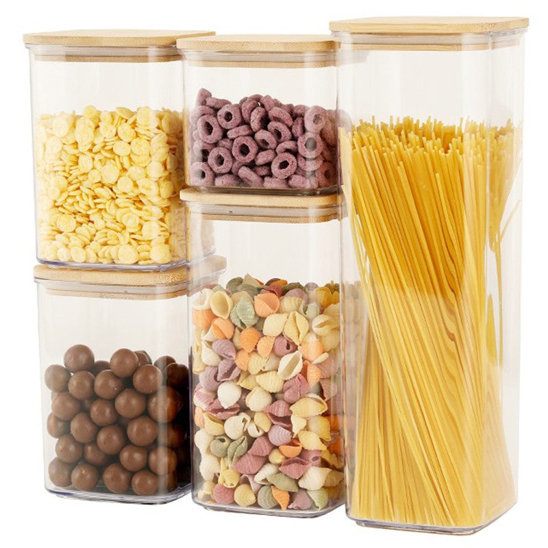 Cutii de Depozitare Alimente, Vivimall, Set din 5 Cutii de tip Container, Cutii pentru Cereale, din Plastic, Capac din Bambuc, 1pc 0.5 l. 2pc 0.8 l, 2pc 1.2 l, 1pc 1.9 l, Transparente - vivimall.ro