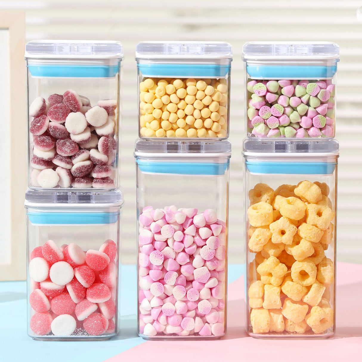 Cutii de Depozitare Alimente, Vivimall, Set din 6 Cutii de tip Container, 2x0.5 l, 2x0.8 l, 2x1.2 l, Recipiente pentru Cereale in Bucatarie, Transparente cu Capac Albastru-Alb - vivimall.ro