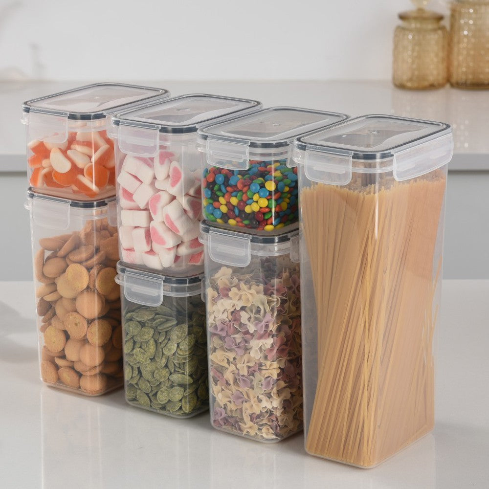 Cutii de depozitare alimente, Vivimall, Set din 7 Cutii pentru Condimente, Cereale, Cutii pentru Bucatarie, din Plastic PP, Cutii Alimentare, Diferite Dimensiuni, Transparente - vivimall.ro