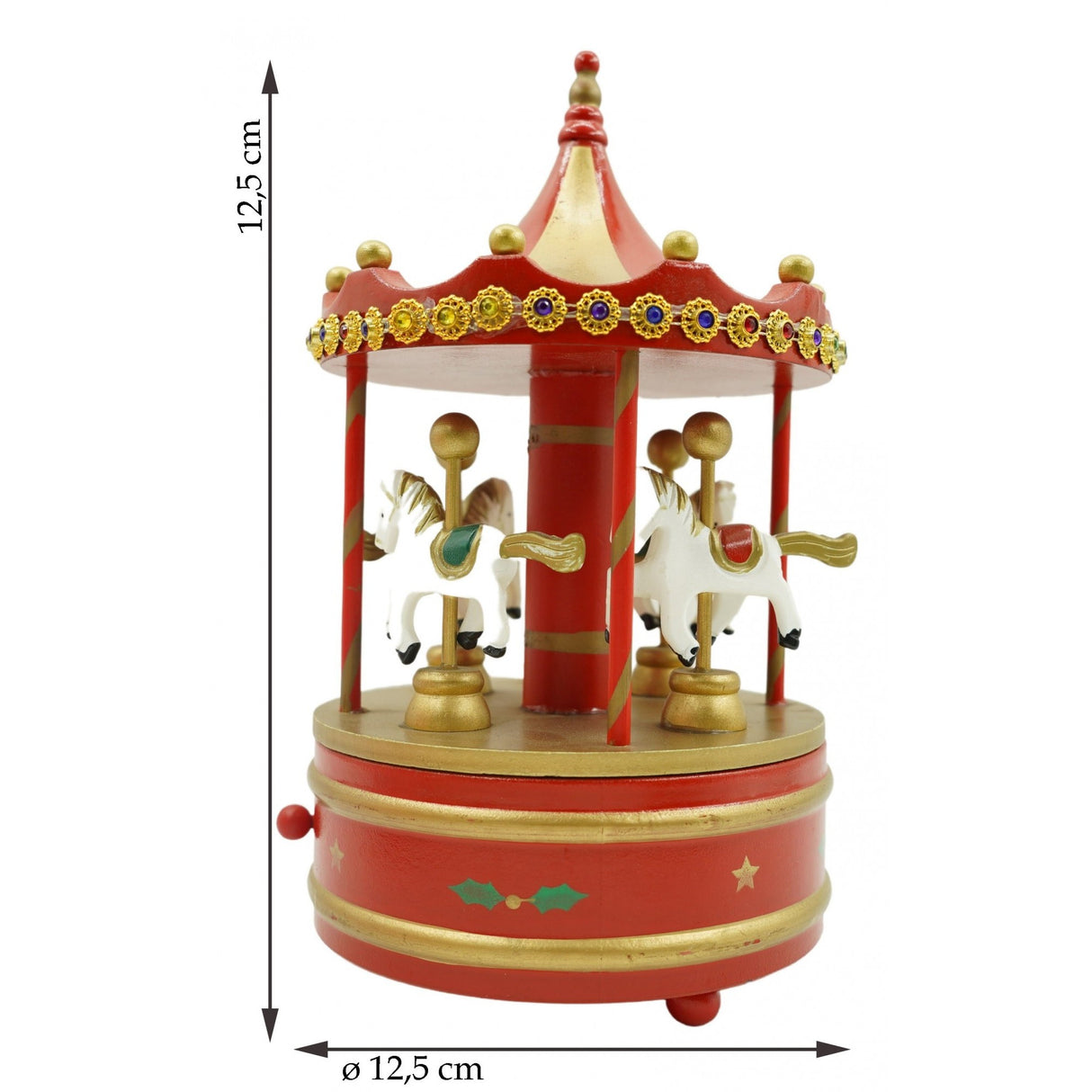 Cutiuta muzicala decorata de Craciun, Carusel rotativ, Rosu, din Lemn, Interior, Vivimall - vivimall.ro