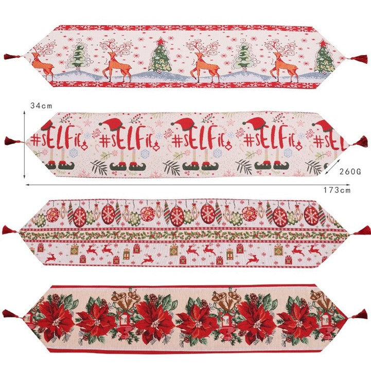 Traversa de Masa pentru Craciun, Vivimall, Napron, din Material Tricotat cu Tesatura Groasa, Model Globuri, Reni si Cadouri, cu Colt si Ciucure, 173x34x0.2 cm, Alb/ Rosu - vivimall.ro