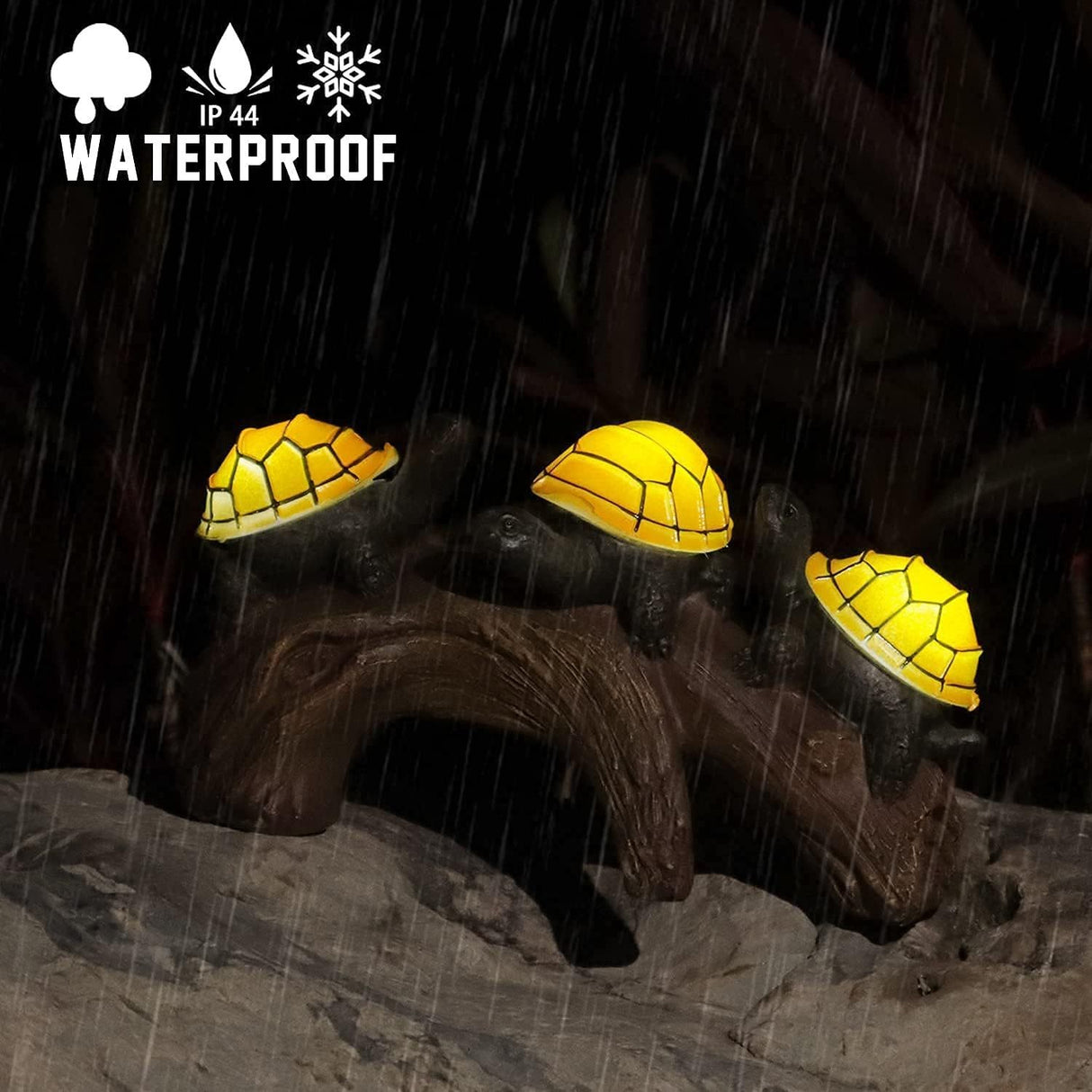 Decoratiune Ornament pentru Gradina, Vivimall, Decoratiune pentru Gradina, Model 3 Broscute Testoase Asezate pe Bustean, Lumini LED Alb Cald, 22 x 12 x 15 cm, Negru - vivimall.ro