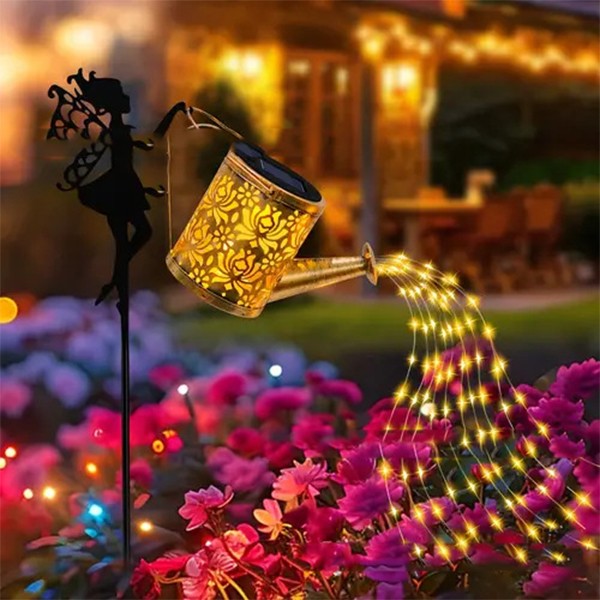 Decor Ornament pentru Gradina, Vivimall, Decoratiune pentru Gradina, Model Zana cu Stropitoare, Lumini LED Alb Cald, Inaltime 63 cm, Negru - vivimall.ro