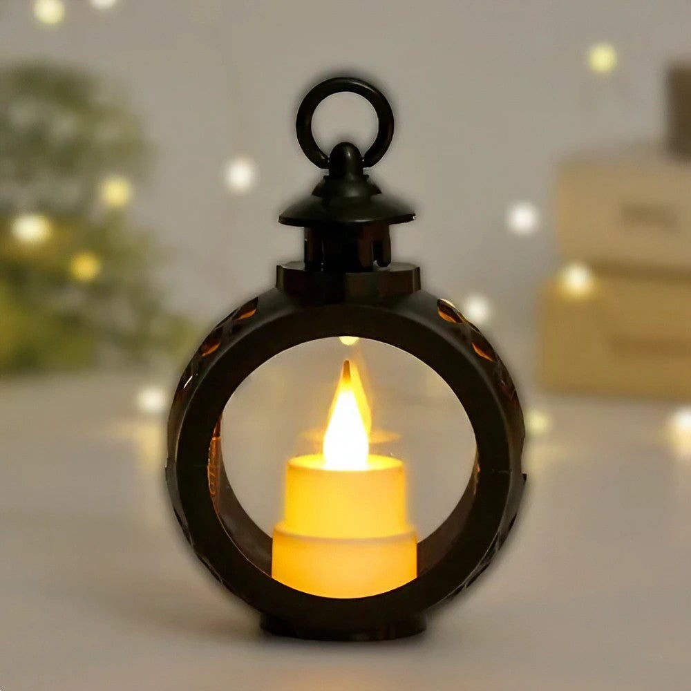 Decoratiune Craciun tip Felinare cu baterii, 13.5 x 9 cm,Lumanare cu lumina alb cald fara geam,baterii incluse,Negru - vivimall.ro