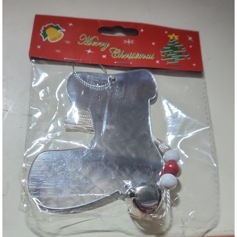 Decoratiune de Craciun, Vivimall, pentru Brad, Model Cizma de Mos cu Clopotel, Lucios, Argintiu - vivimall.ro