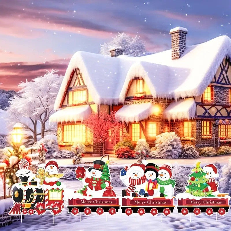 Decoratiune de Craciun, Vivimall, pentru Gradina, Tip Trenulet, 4 Figurine + Bete de Infipt in Pamant, din Plastic, Impermeabil, Model Oameni de Zapada, Multicolor - vivimall.ro