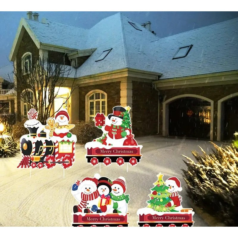 Decoratiune de Craciun, Vivimall, pentru Gradina, Tip Trenulet, 4 Figurine + Bete de Infipt in Pamant, din Plastic, Impermeabil, Model Oameni de Zapada, Multicolor - vivimall.ro