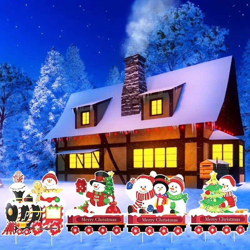 Decoratiune de Craciun, Vivimall, pentru Gradina, Tip Trenulet, 4 Figurine + Bete de Infipt in Pamant, din Plastic, Impermeabil, Model Oameni de Zapada, Multicolor - vivimall.ro