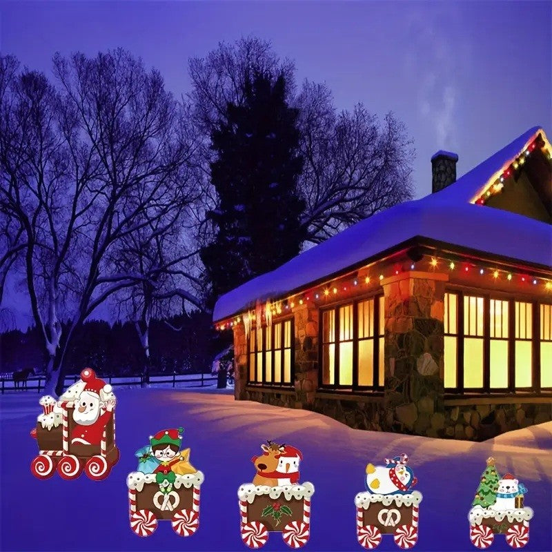 Decoratiune de Craciun, Vivimall, pentru Gradina, Tip Trenulet, 5 Figurine + Bete de Infipt in Pamant, din Plastic, Impermeabil, Model Mos Craciun cu Prietenii, Multicolor - vivimall.ro