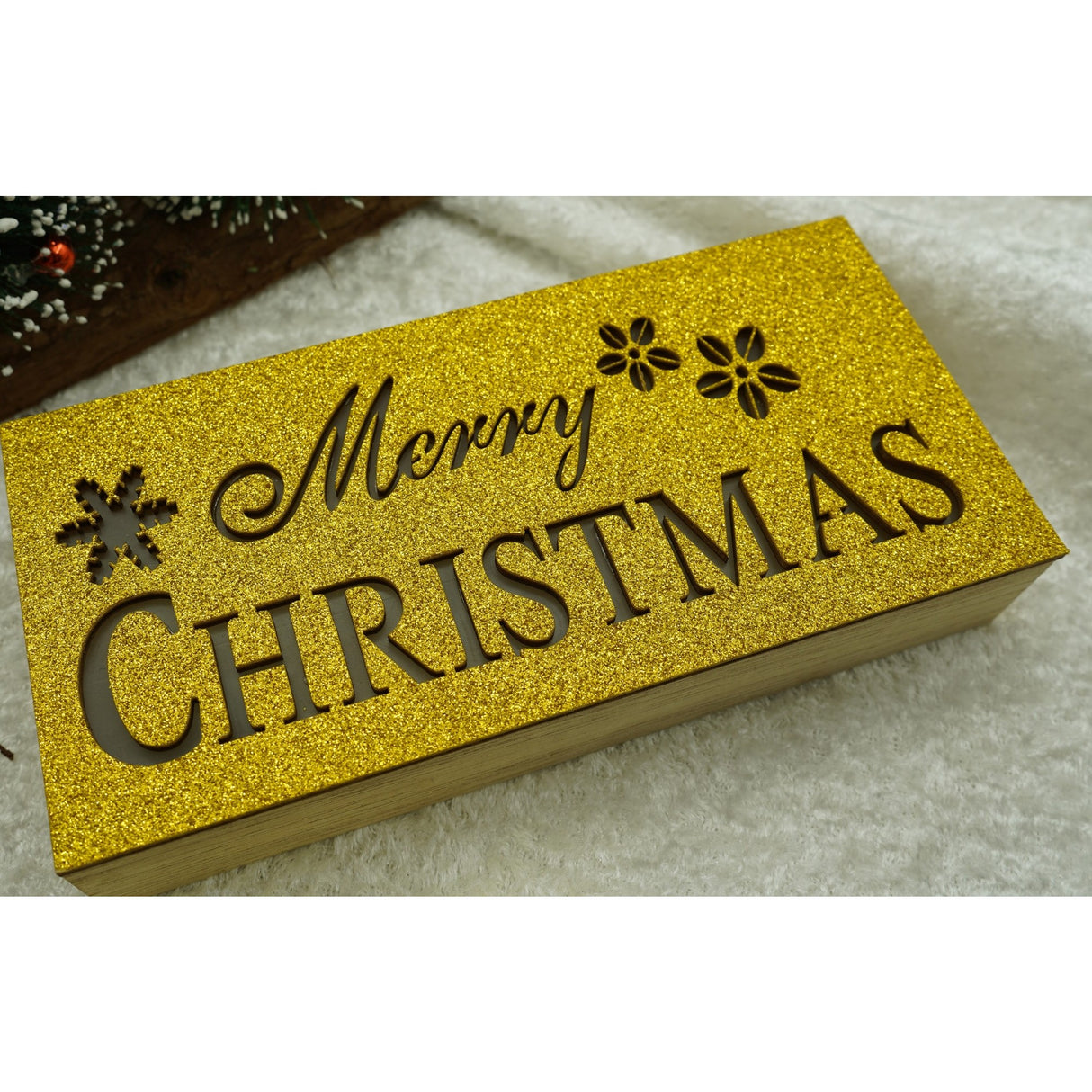 Decoratiune luminoasa, Vivimall, Marry Christmas, galben, lungime: 19 cm, latime: 9 cm, inaltime: 4 cm, lemn, interior/exterior - vivimall.ro