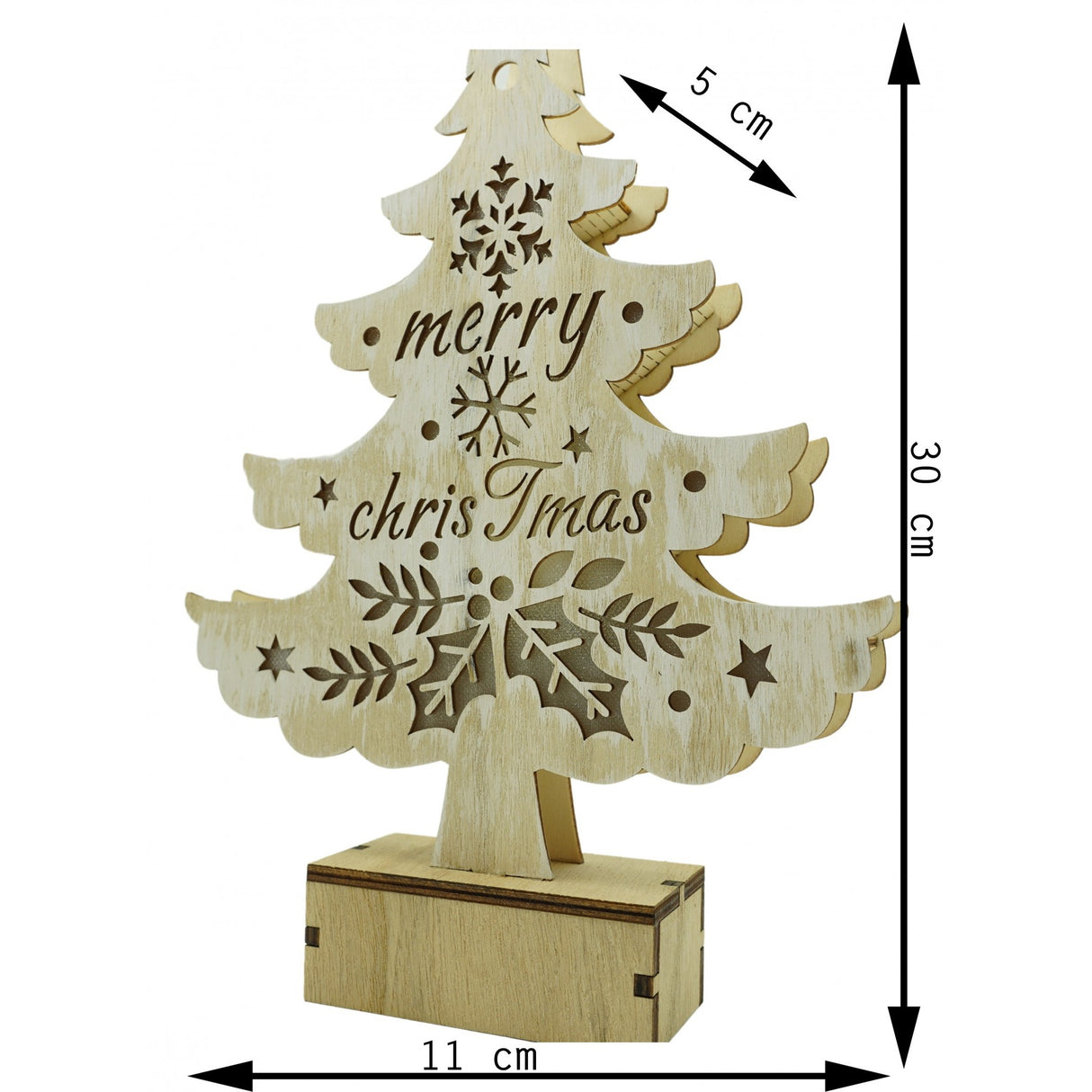 Decoratiune luminoasa, model de Brad cu inscriptie Marry Christmas, alb, lungime: 11 cm, latime: 5 cm, inaltime: 30 cm, lemn, interior/exterior - vivimall.ro