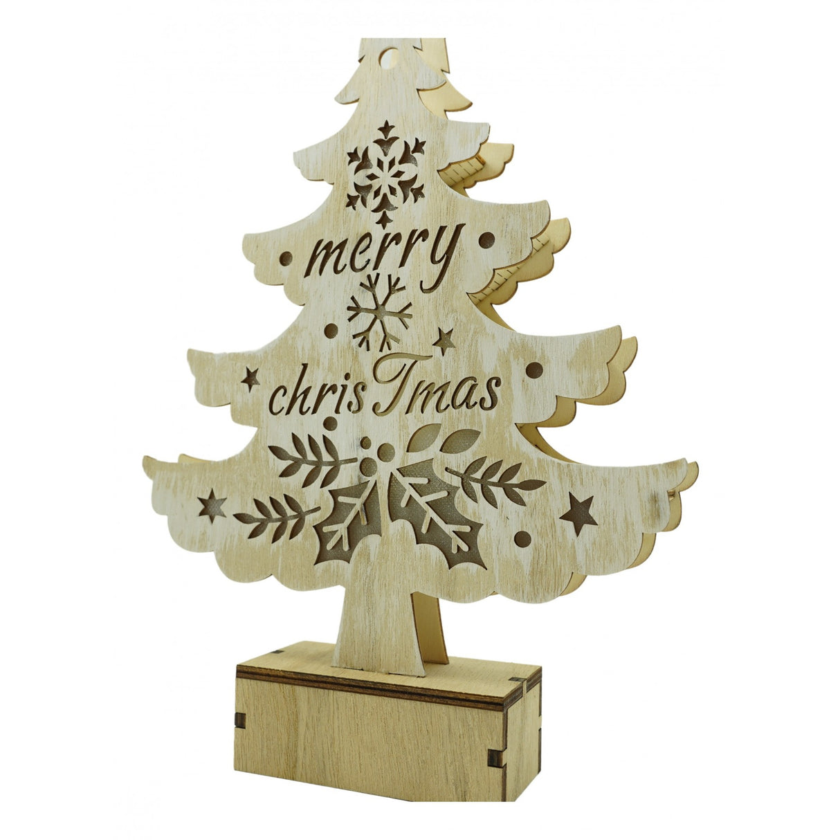 Decoratiune luminoasa, model de Brad cu inscriptie Marry Christmas, alb, lungime: 11 cm, latime: 5 cm, inaltime: 30 cm, lemn, interior/exterior - vivimall.ro