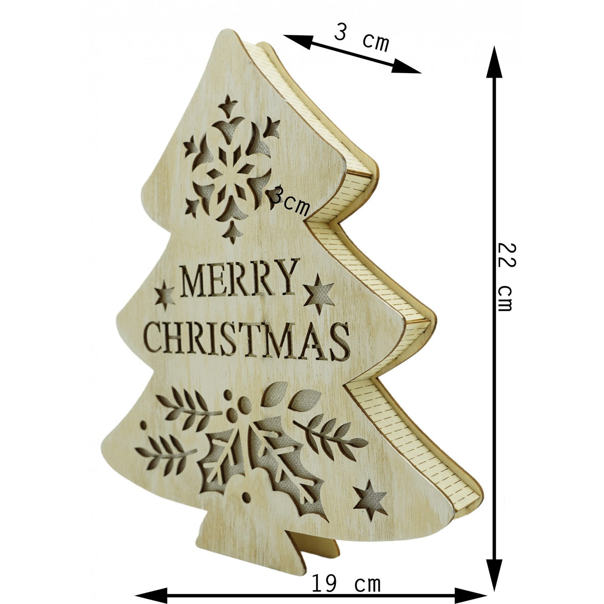 Decoratiune luminoasa, model de Brad cu inscriptie Marry Christmas, alb, lungime: 19 cm, latime: 3 cm, inaltime: 22 cm, lemn, interior/exterior - vivimall.ro