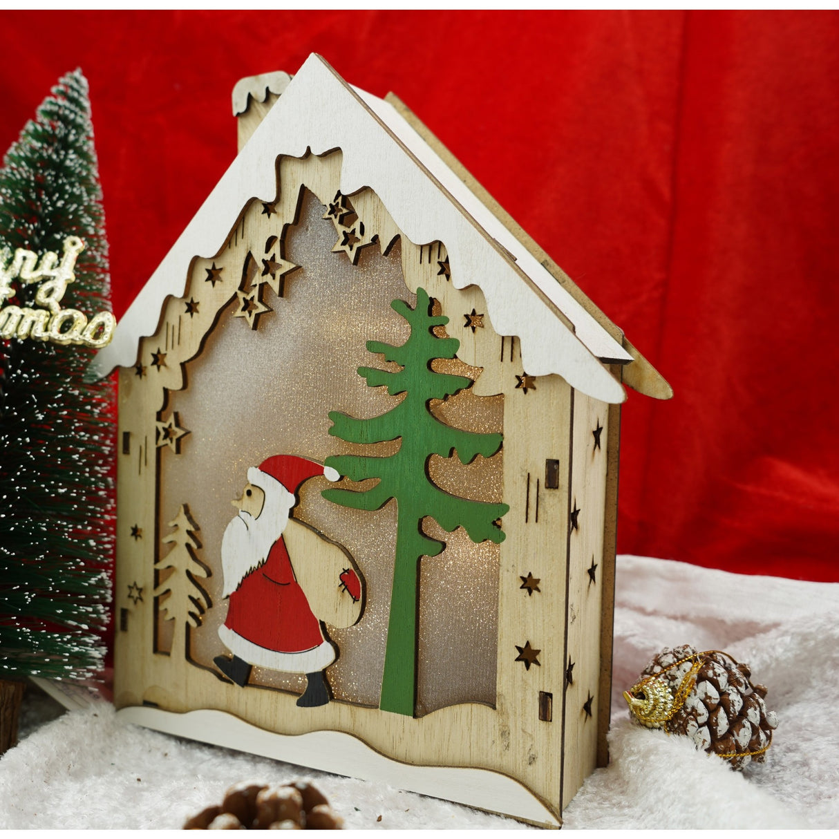 Decoratiune luminoasa, model de Casa cu Mos Craciun, maro, lungime: 18 cm, latime: 21 cm, inaltime: 5 cm, lemn, interior/exterior - vivimall.ro