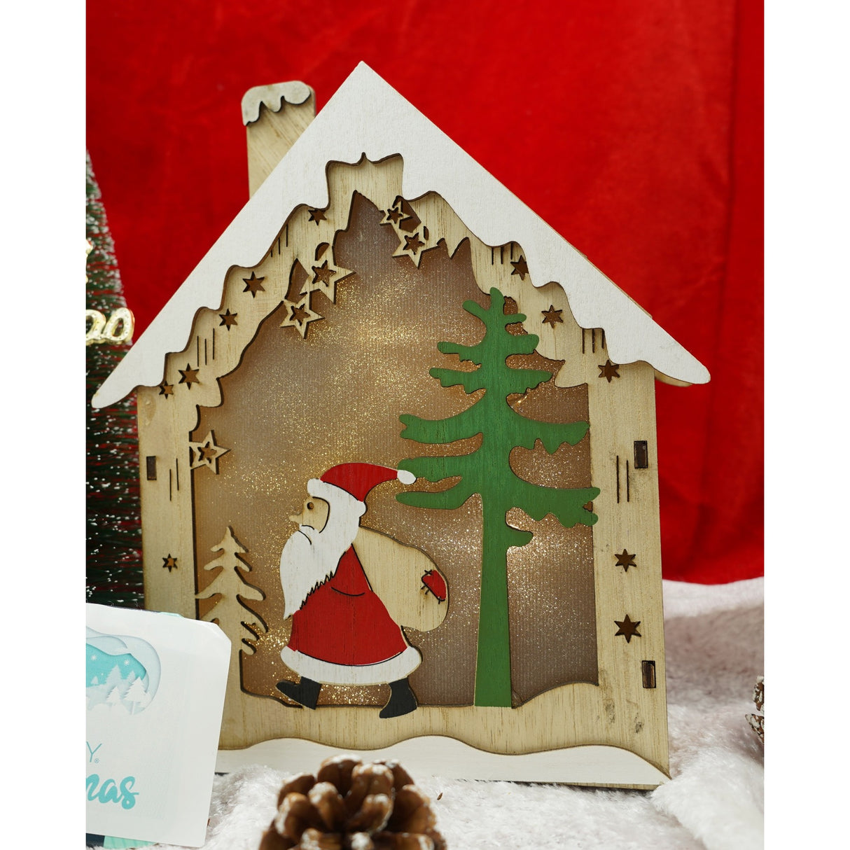 Decoratiune luminoasa, model de Casa cu Mos Craciun, maro, lungime: 18 cm, latime: 21 cm, inaltime: 5 cm, lemn, interior/exterior - vivimall.ro