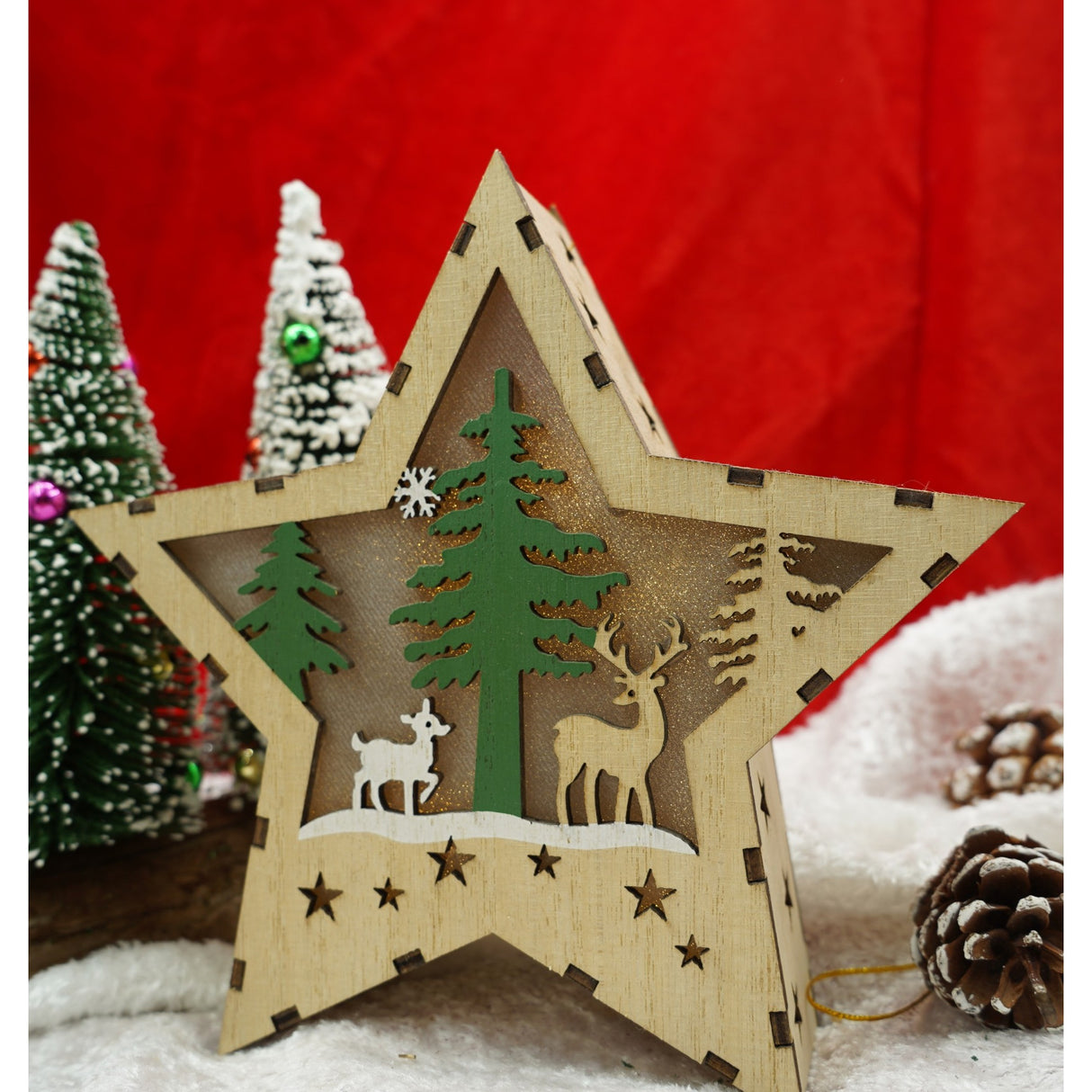 Decoratiune luminoasa, model de Stea cu Reni, maro, lungime: 18 cm, latime: 18 cm, inaltime: 4 cm, lemn, interior/exterior - vivimall.ro