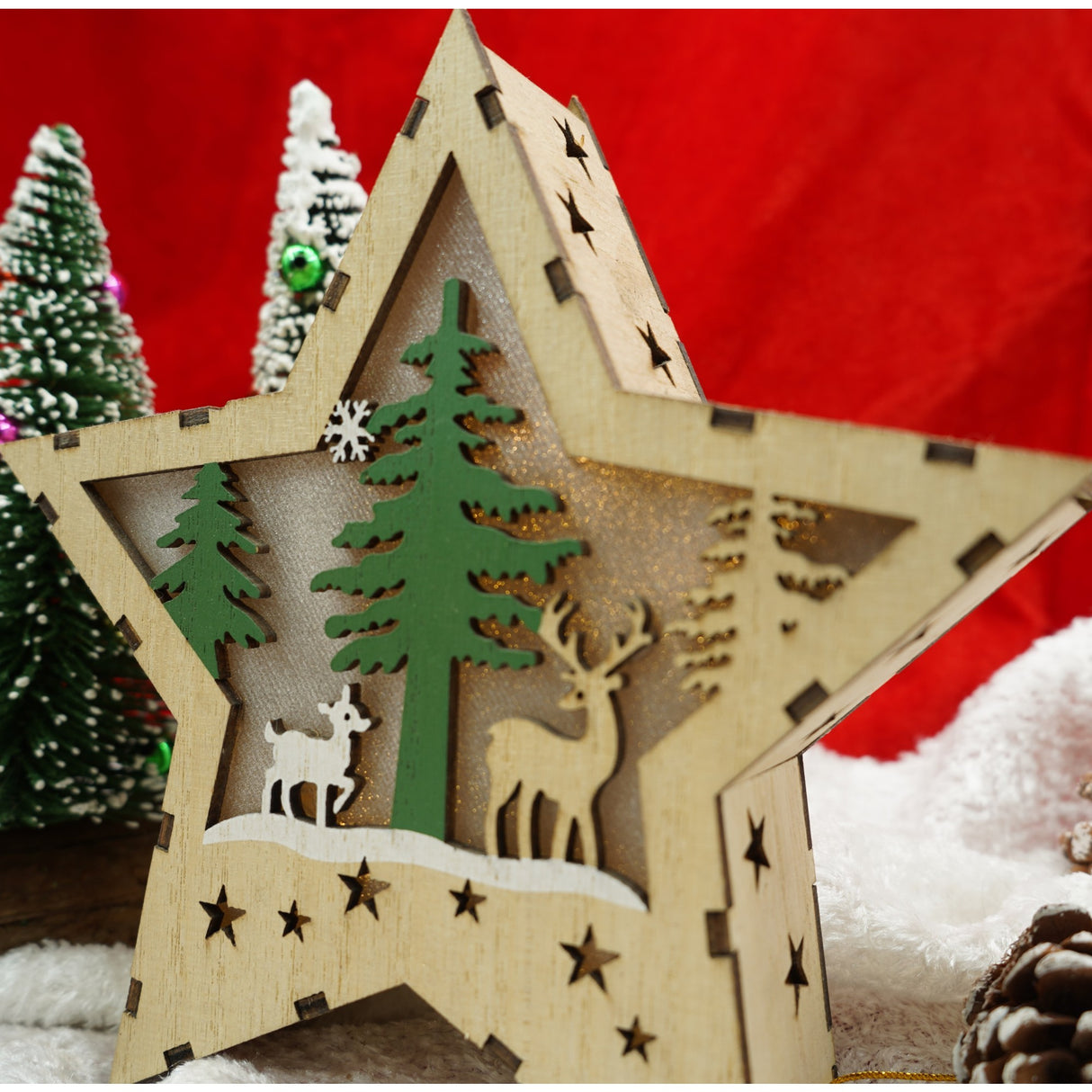 Decoratiune luminoasa, model de Stea cu Reni, maro, lungime: 18 cm, latime: 18 cm, inaltime: 4 cm, lemn, interior/exterior - vivimall.ro