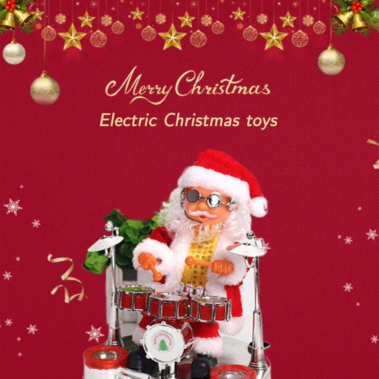 Decoratiune Mos Craciun, Vivimall, Animat, care Canta si Danseaza, cu Tobe, Imbracat Festiv, 20x17 cm Inaltime, Rosu - vivimall.ro