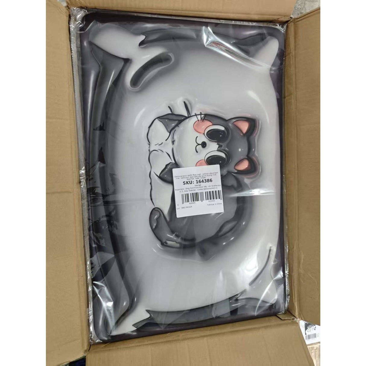 Covor de Baie, Vivimall, 3D, din Spuma, Antialunecare, Absorbant, 40 x 60 cm, Model Pisica, Gri - vivimall.ro