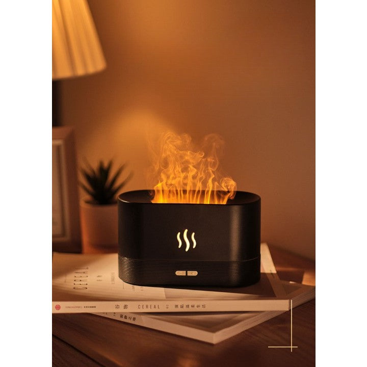 Difuzor de ulei esential cu flacara Vivimall, aromaterapie, umidificator de aer, rezervor 180 ml, simulare efectelor de iluminare a flacarii, lumina veghe ajustabila, negru - vivimall.ro