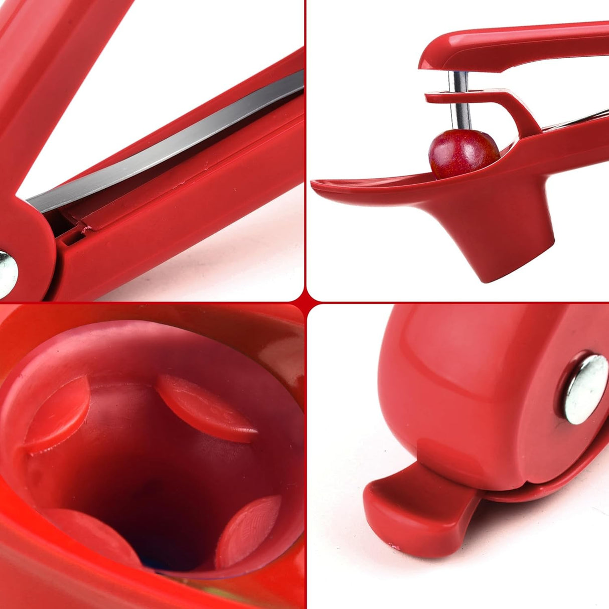 Dispozitiv de Scos Samburi, Vivimall, Manual, cu 1 Gaura, pentru Cirese/Masline, 20.5 x 3.8 x 13 cm, din ABS+Otel Inoxidabil, cu Maner, Rosu - vivimall.ro