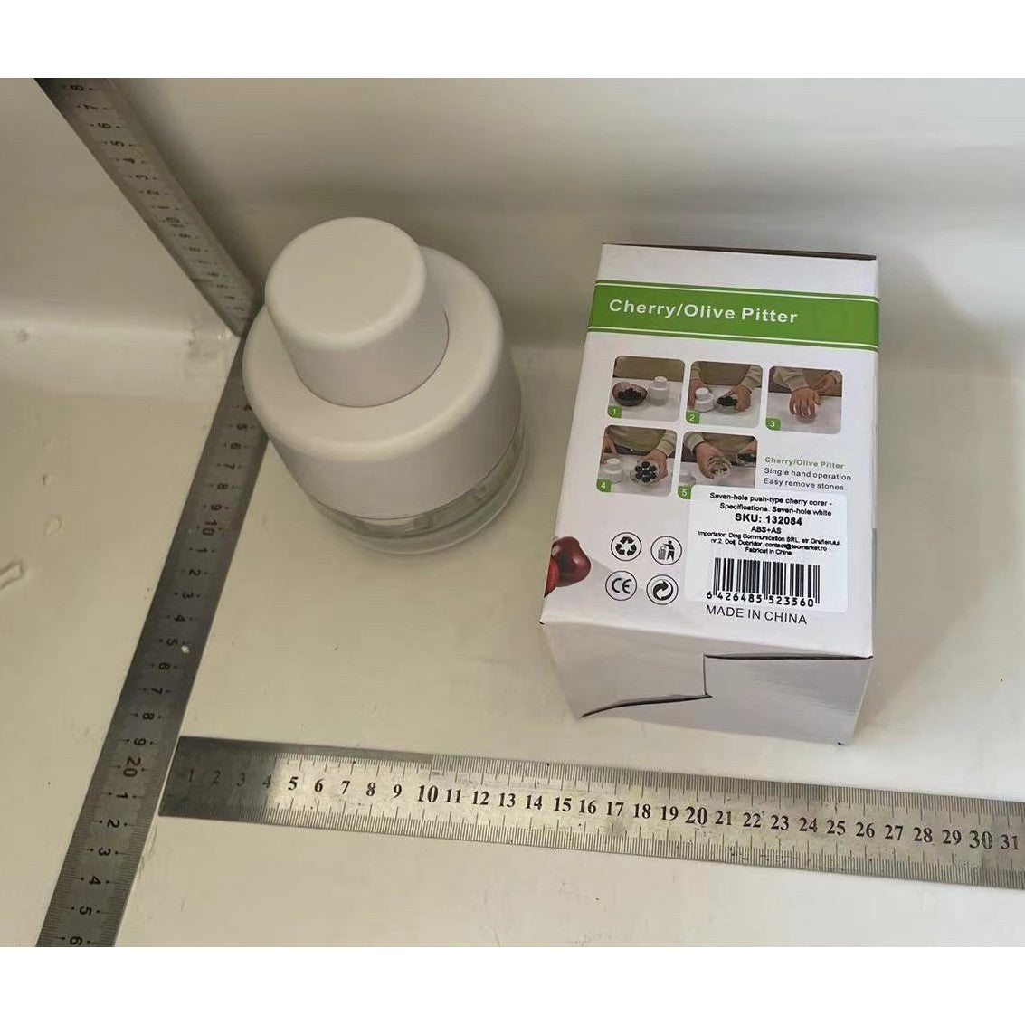 Dispozitiv de Scos Samburi, Vivimall, Manual, cu 7 Gauri, pentru Cirese, 13 x 9.2 cm, din ABS, Alb - vivimall.ro