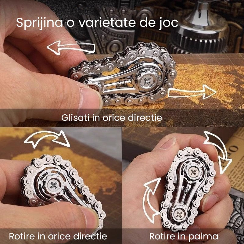 Jucarie Fidget Spinner Premium Anti Stres, Vivimall, Giroscop din Aliaj, Jucarie din Metal de decompresie, forma Lant de Angrenaj de Bicicleta, 6 x 3.5 cm, Argintiu - vivimall.ro