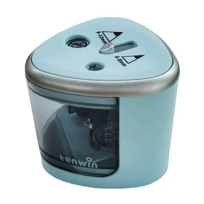 Ascuțitoare electrică cu 2 găuri, culoare albastru-gri, vedere frontală, dimensiuni 7.5x7.5x7.5 cm