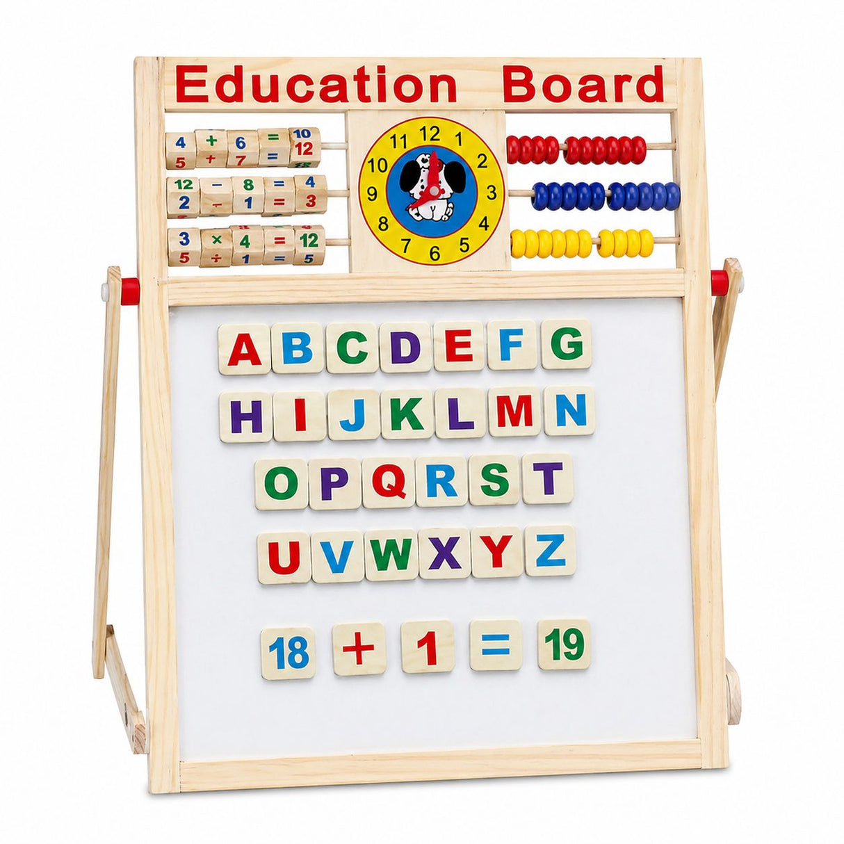 Tabla Educativa Magnetica cu Doua Fete, Flippy, Cadru din Lemn, Abac, Ceas, Litere, Cifre si Semne Matematice, Reglabila pe Inaltime, 52x36 cm - vivimall.ro