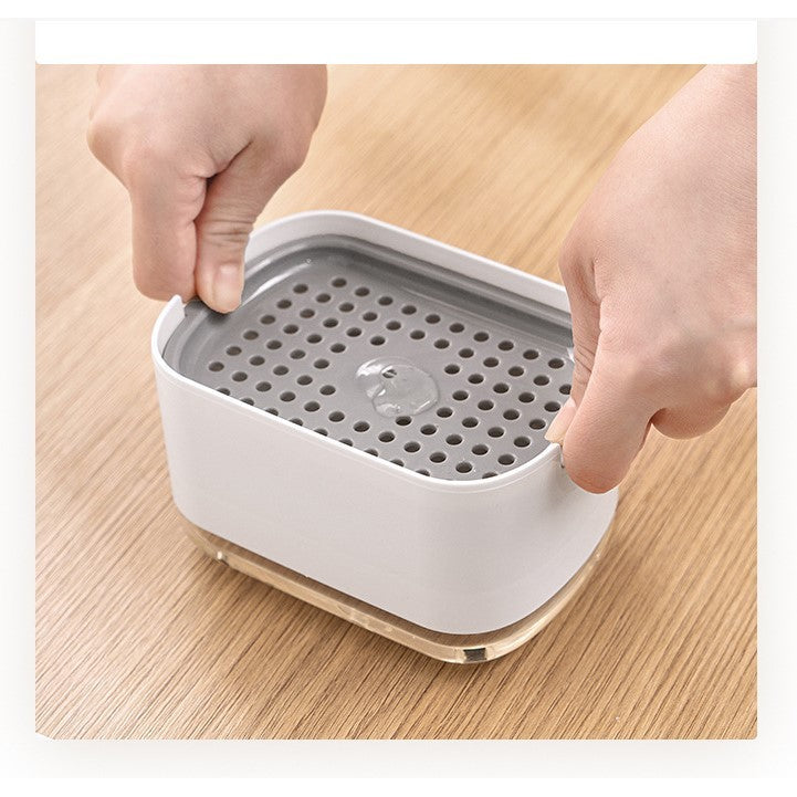 Dozator Vivimall, Dispenser 2 in 1 pentru Detergent Lichid de Vase sau pentru Obiecte Sanitare cu Suport pentru Burete de Bucatarie , 8.6 x 14.5 x 10 cm, capacitate 300 ml, alb - vivimall.ro