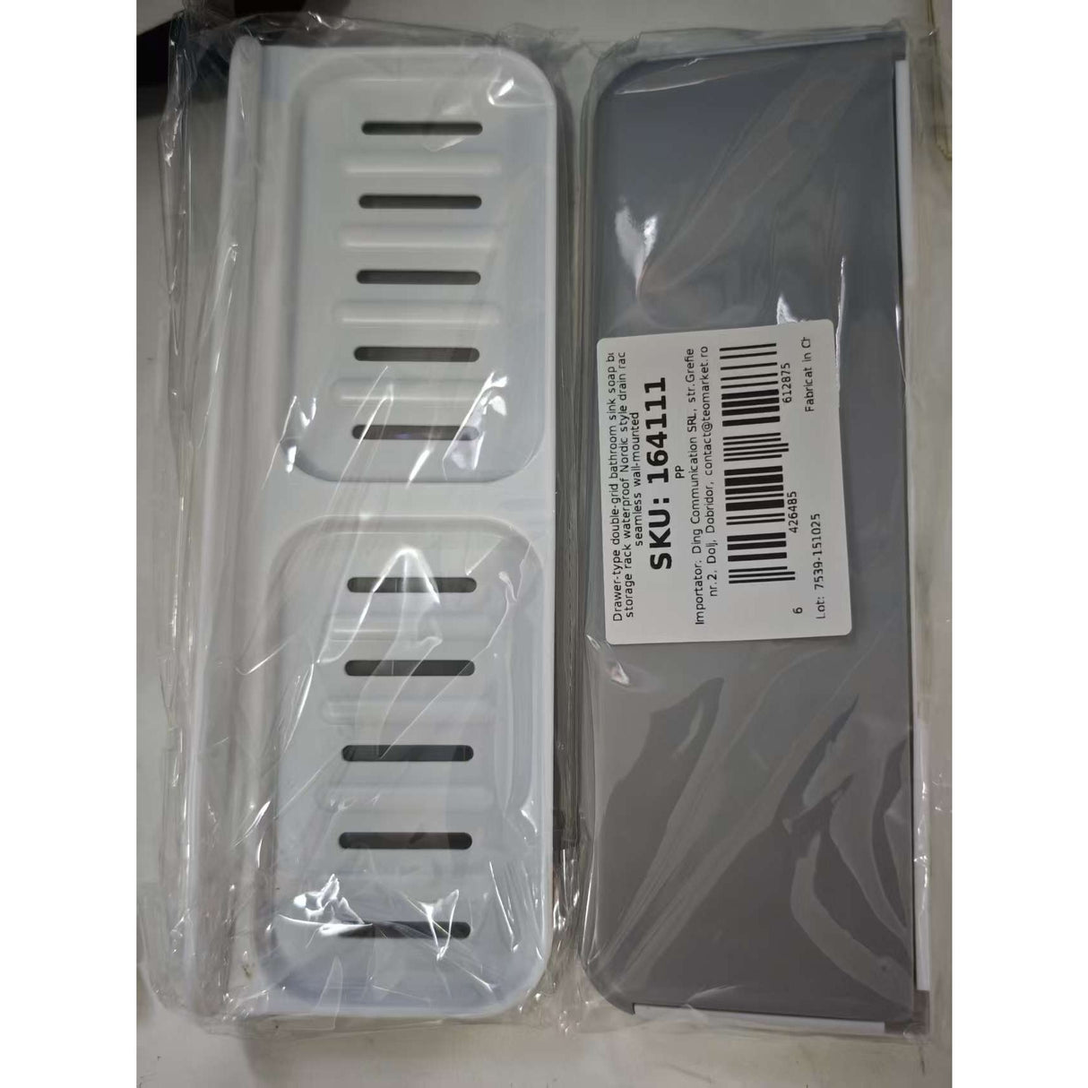 Savoniera Dubla, Flippy, de Perete, cu Compartiment de Scurgere, Montare prin Lipire, 26 x 8 x 4 cm, Alb/Gri