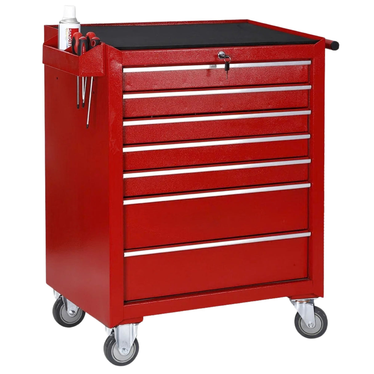 Dulap Mobil pentru Scule, Flippy, Carucior Profesional cu 7 Sertare, Incuietoare si Roti cu Frana, Blat de Lucru Anti-alunecare, 91 x 68 x 46 cm, Rosu/Negru - vivimall.ro