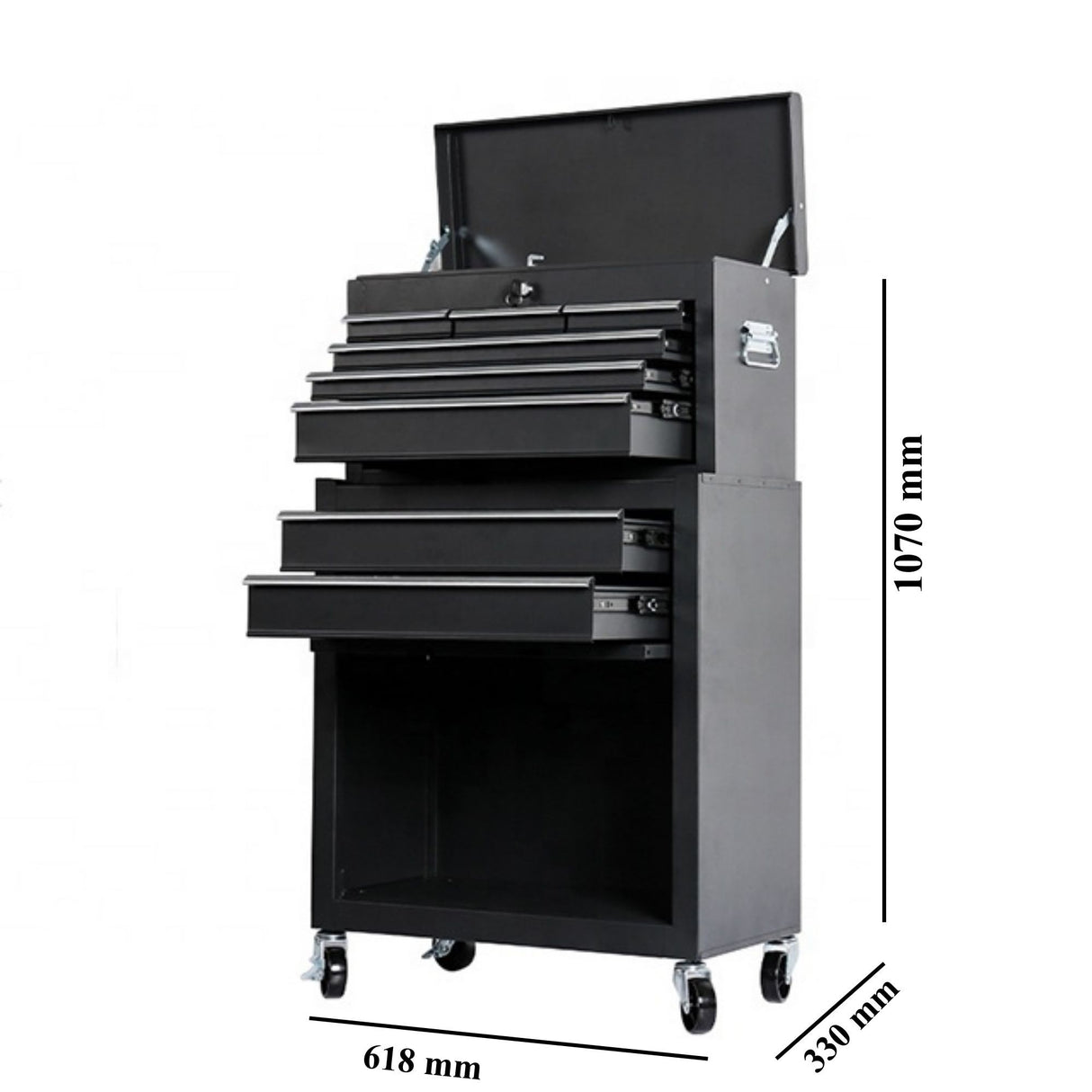 Detaliu sertare dulap scule Flippy, 8 sertare metalice organizate cu suprafețe anti-alunecare, culoare negru