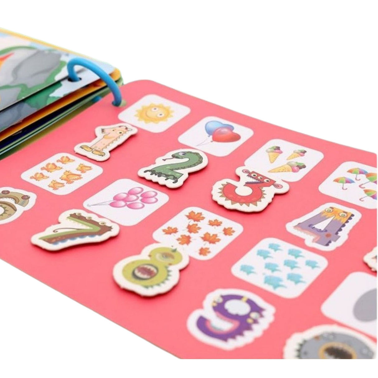 Carte senzorială Flippy Quiet Book deschisă, vedere ansamblu pagini interactive multicolore, jucărie educativă