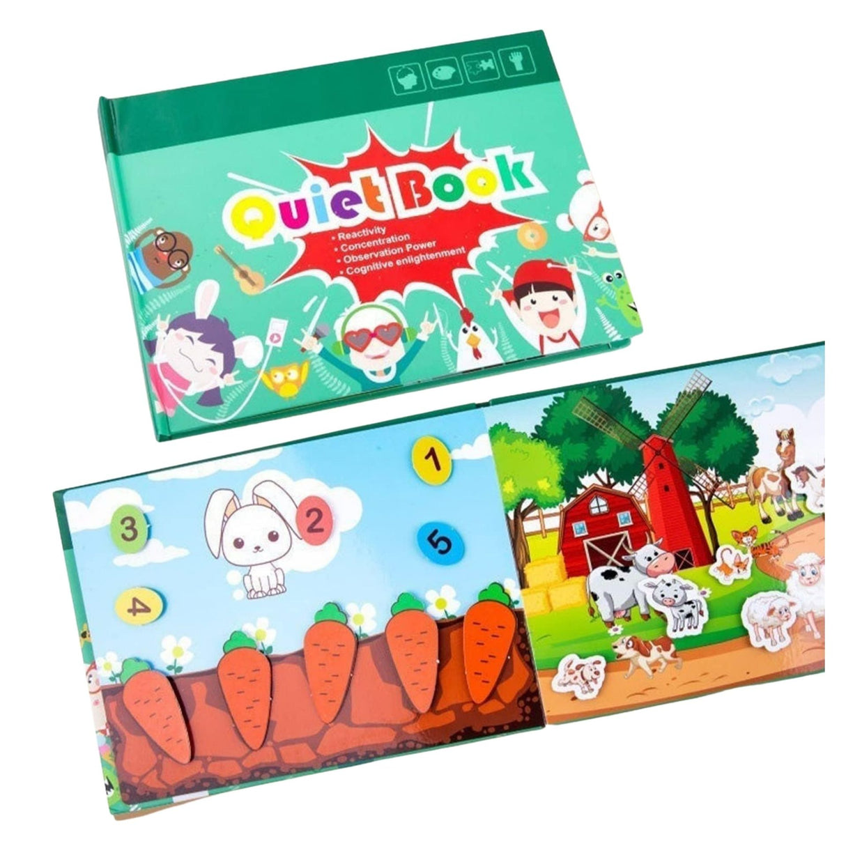 Carte Educativa cu Stickere Reutilizabile, Flippy, Quiet Book Senzoriala cu Pagini Interactive , Joc Montessori, Dezvolta Motricitatea Fina si Logica, Quiet Book pentru Invatare Timpurie, 3 ani, Multicolor - vivimall.ro