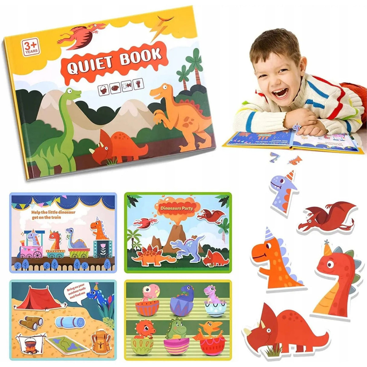 Carte Educativa cu Stickere Reutilizabile, Flippy, Quiet Book Senzoriala cu Pagini Interactive , Joc Montessori, Seria ''Dinozaur'', Dezvolta Motricitatea Fina si Logica, Quiet Book pentru Invatare Timpurie, 3 ani, Multicolor - vivimall.ro