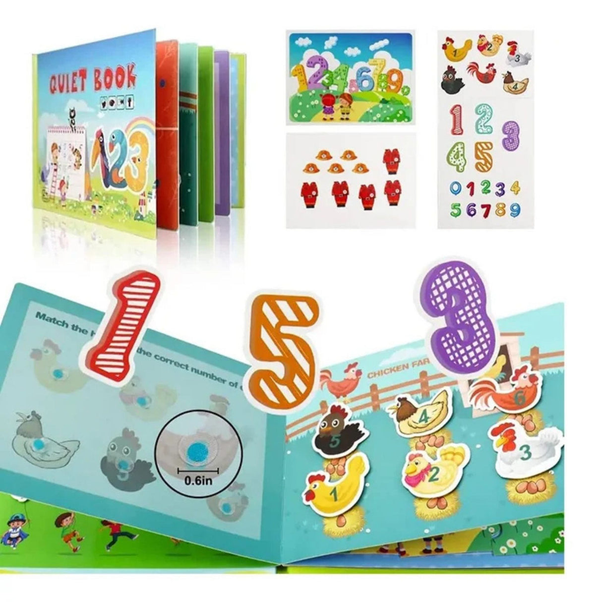 Carte Educativa cu Stickere Reutilizabile, Flippy, Quiet Book Senzoriala cu Pagini Interactive , Joc Montessori, Seria ''Numere'', Dezvolta Motricitatea Fina si Logica, Quiet Book pentru Invatare Timpurie, 3 ani, Multicolor - vivimall.ro
