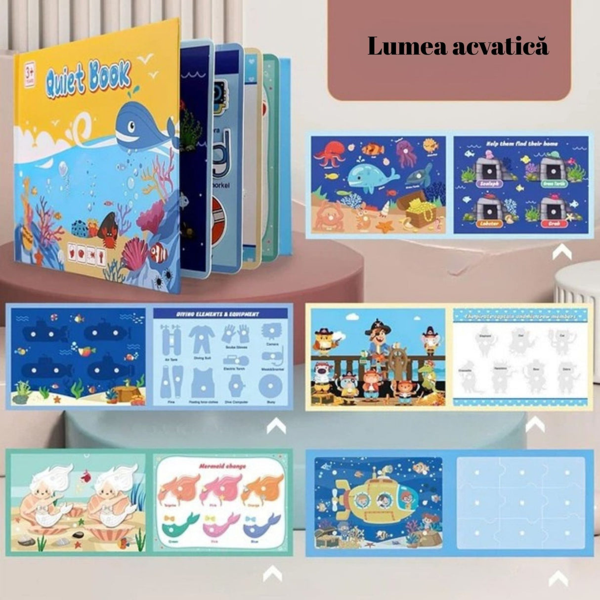 Carte Educativa cu Stickere Reutilizabile, Flippy, Quiet Book Senzoriala cu Pagini Interactive, Joc Montessori, Seria ''Lumea Acvatica'', Dezvolta Motricitatea Fina si Logica, pentru Invatare Timpurie, 3 ani, Multicolor - vivimall.ro