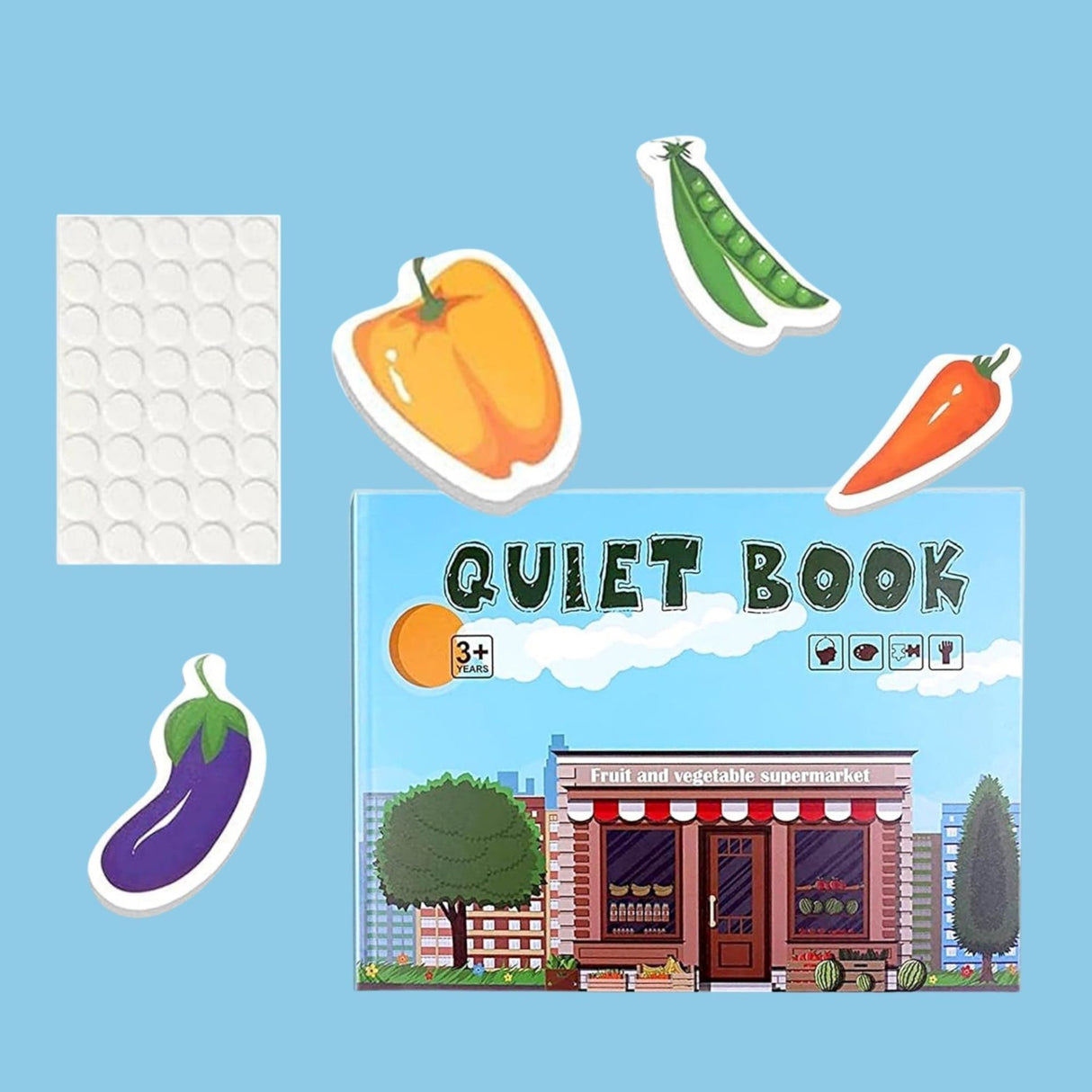 Carte Educativa cu Stickere Reutilizabile, Flippy, Quiet Book Senzoriala cu Pagini Interactive , Joc Montessori, Seria ''Fructe si Legume'', Dezvolta Motricitatea Fina si Logica, pentru Invatare Timpurie, 3 ani, Multicolor - vivimall.ro