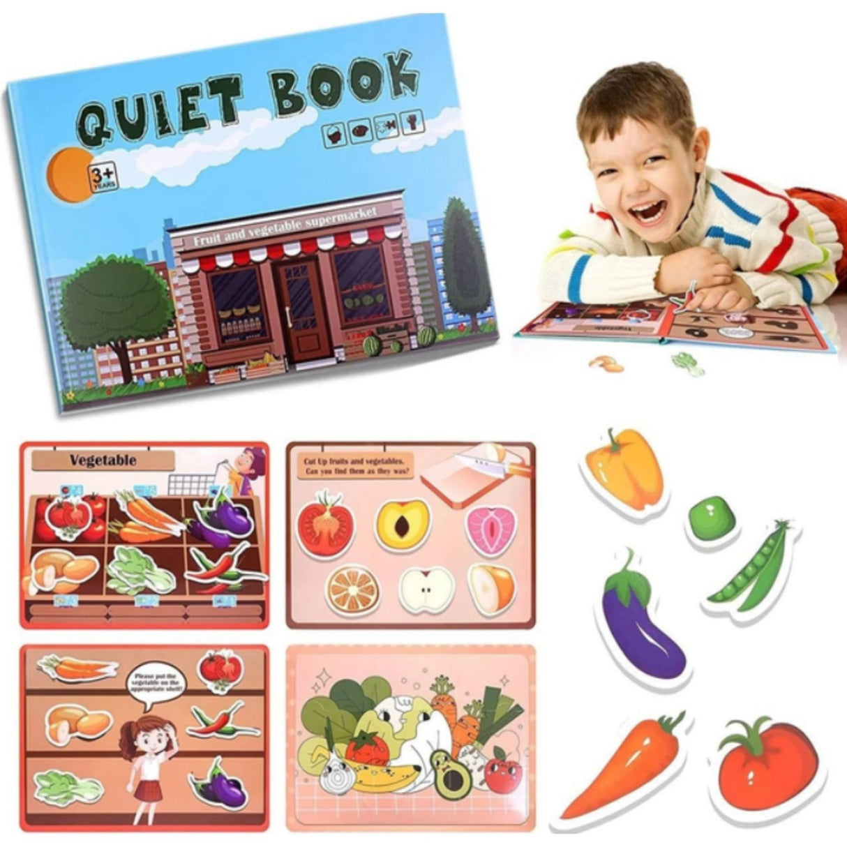 Carte Educativa cu Stickere Reutilizabile, Flippy, Quiet Book Senzoriala cu Pagini Interactive , Joc Montessori, Seria ''Fructe si Legume'', Dezvolta Motricitatea Fina si Logica, pentru Invatare Timpurie, 3 ani, Multicolor - vivimall.ro
