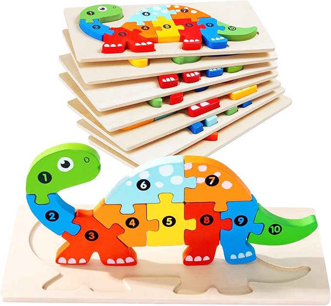 Puzzle din Lemn 3D Montessori, Flippy, Jucarie Educativa pentru Copii, 0-3 Ani, Vopsea Ecologica, Dezvolta Motricitatea Fina, Coordonarea, Logica, 11 Piese, Model Brachiosaurus, Multicolor - vivimall.ro