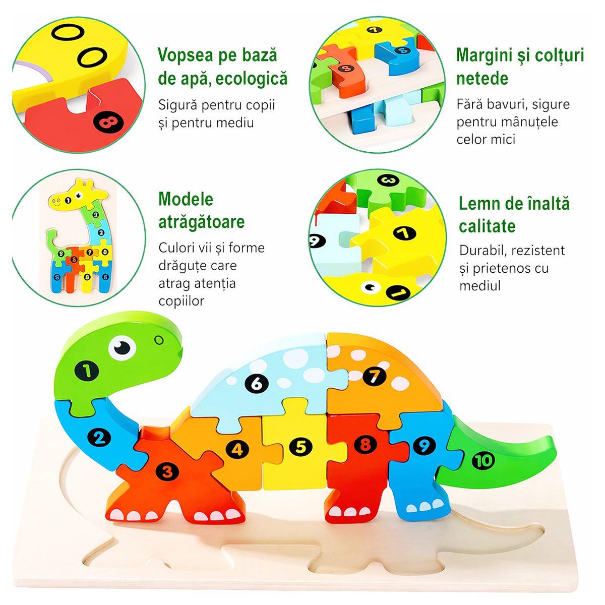 Puzzle din Lemn 3D Montessori, Flippy, Jucarie Educativa pentru Copii, 0-3 Ani, Vopsea Ecologica, Dezvolta Motricitatea Fina, Coordonarea, Logica, 11 Piese, Model Brachiosaurus, Multicolor - vivimall.ro