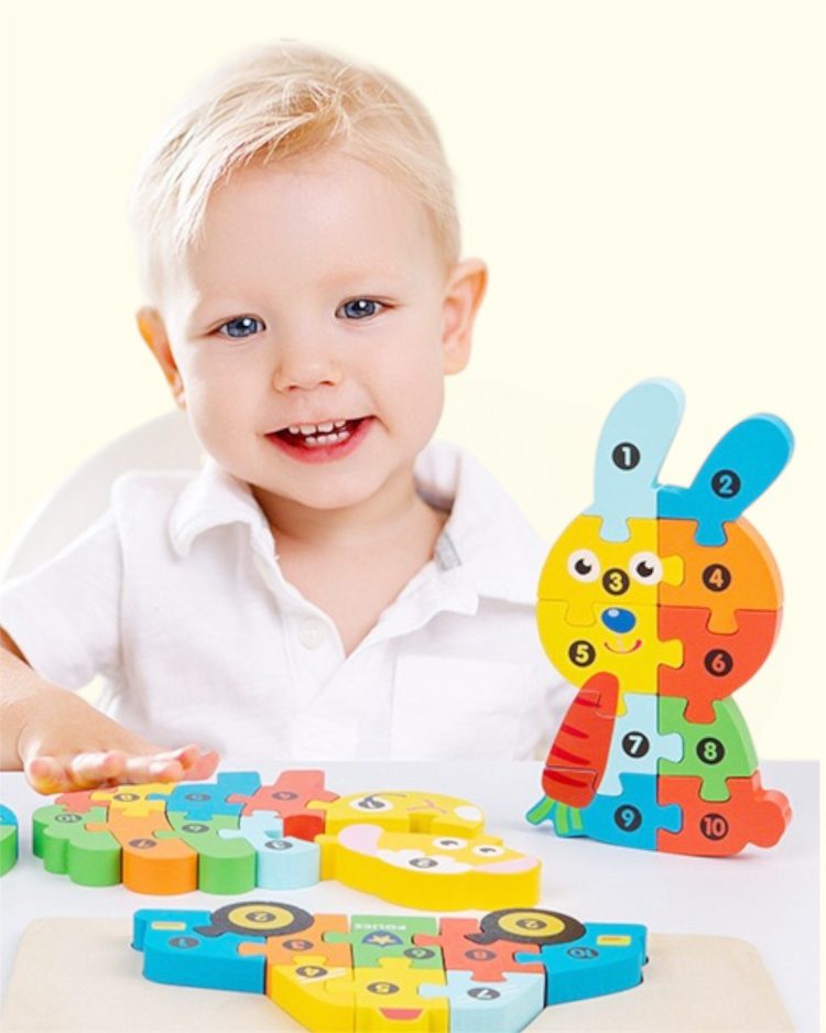 Puzzle din Lemn 3D Montessori, Flippy, Jucarie Educativa pentru Copii, 0-3 Ani, Vopsea Ecologica, Dezvolta Motricitatea Fina, Coordonarea, Logica, 11 Piese, Model Iepure, Multicolor - vivimall.ro