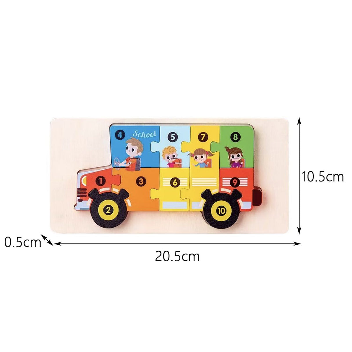 Puzzle din Lemn 3D Montessori, Flippy, Jucarie Educativa pentru Copii, 0-3 Ani, Vopsea Ecologica, Dezvolta Motricitatea Fina, Coordonarea, Logica, 11 Piese, Model Autobuz Scolar, Multicolor - vivimall.ro