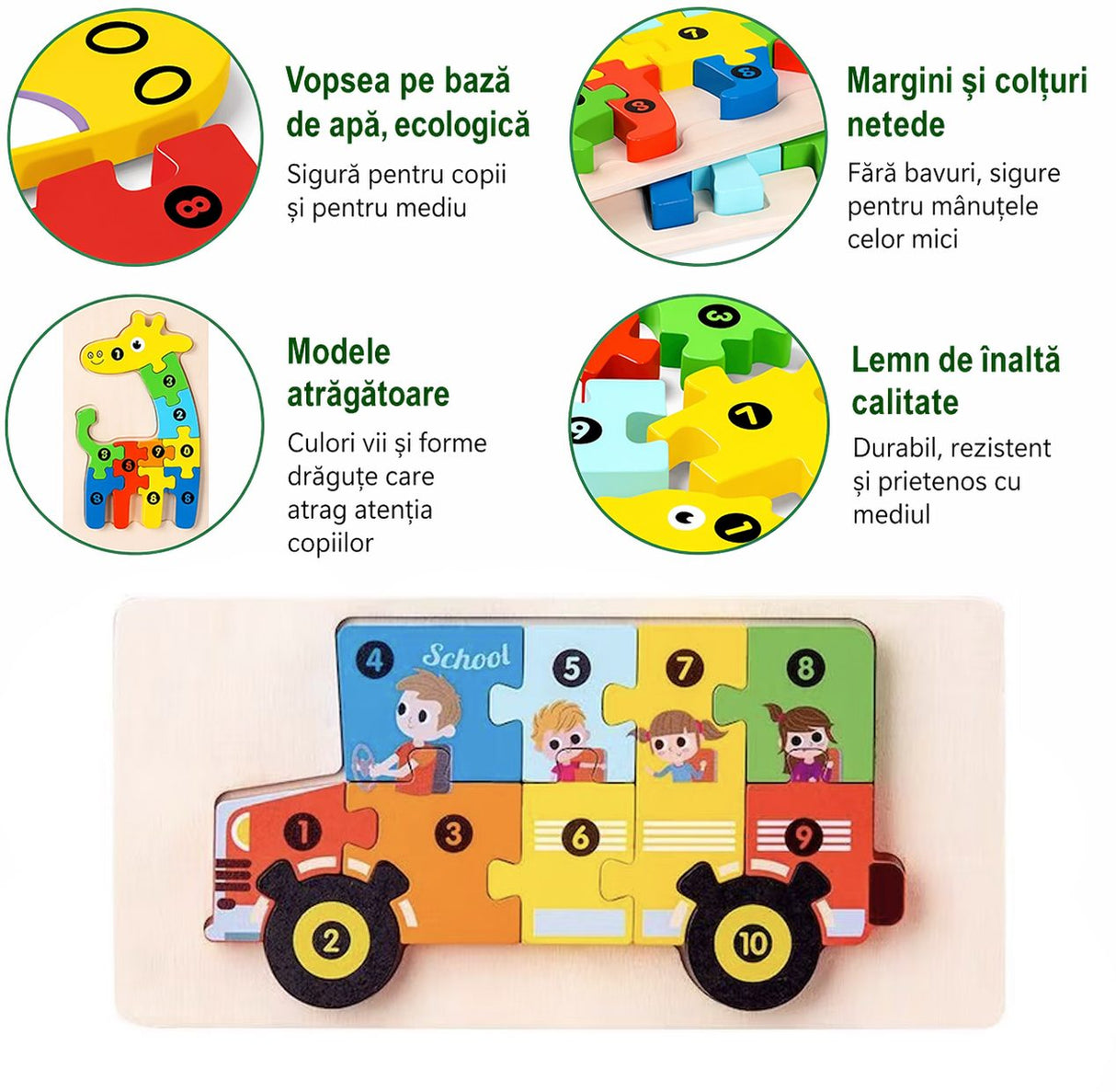 Puzzle din Lemn 3D Montessori, Flippy, Jucarie Educativa pentru Copii, 0-3 Ani, Vopsea Ecologica, Dezvolta Motricitatea Fina, Coordonarea, Logica, 11 Piese, Model Autobuz Scolar, Multicolor - vivimall.ro