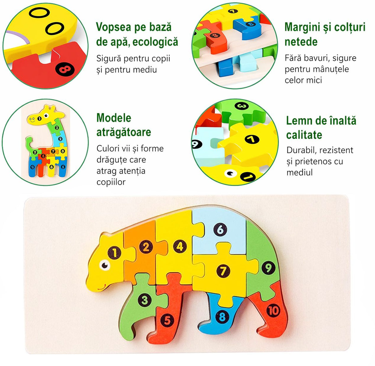 Puzzle din Lemn 3D Montessori, Flippy, Jucarie Educativa pentru Copii, 0-3 Ani, Vopsea Ecologica, Dezvolta Motricitatea Fina, Coordonarea, Logica, 11 Piese, Model Urs, Multicolor - vivimall.ro