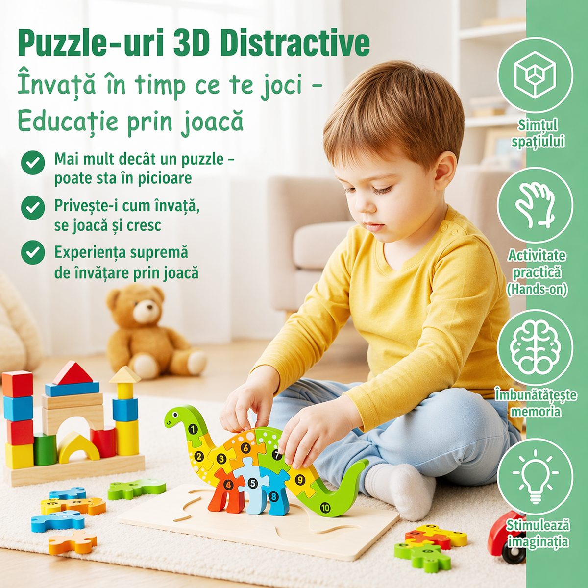 Puzzle din Lemn 3D Montessori, Flippy, Jucarie Educativa pentru Copii, 0-3 Ani, Vopsea Ecologica, Dezvolta Motricitatea Fina, Coordonarea, Logica, 11 Piese, Model Crocodil, Multicolor - vivimall.ro