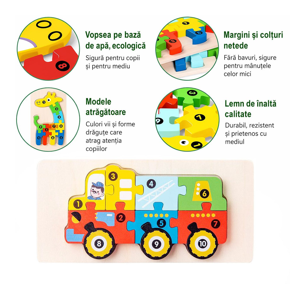 Puzzle din Lemn 3D Montessori, Flippy, Jucarie Educativa pentru Copii, 0-3 Ani, Vopsea Ecologica, Dezvolta Motricitatea Fina, Coordonarea, Logica, 11 Piese, Model Vehicul de Constructii, Multicolor - vivimall.ro